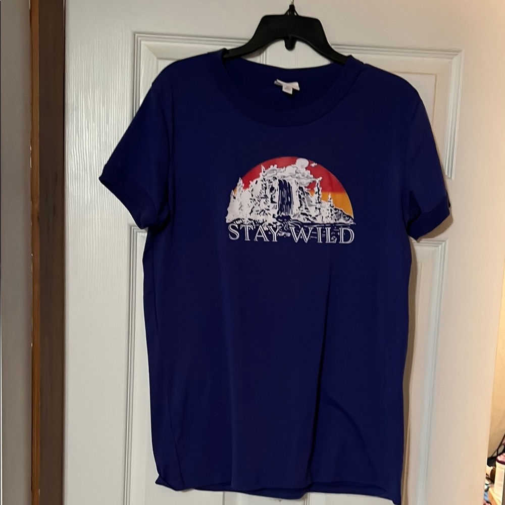 LuLaRoe Short Sleeve Tee in Royal Blue with Sunset Graphic - "Stay Wild"